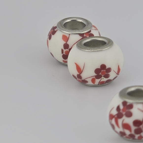 Lot of 6 Lampwork Murano Glass Beads Floral Swirl Pink White Charm Silver Cores - Picture 5 of 8